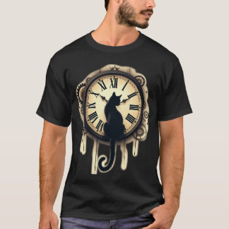 スチームパンク 黒猫 シルエット アンティーク調 時計 Tシャツ