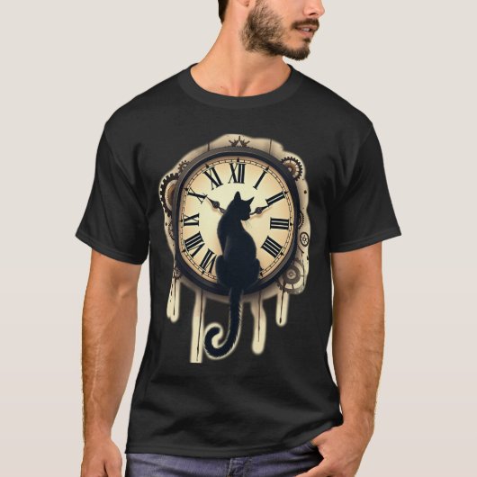 スチームパンク 黒猫 シルエット アンティーク調 時計 Tシャツ (正面)