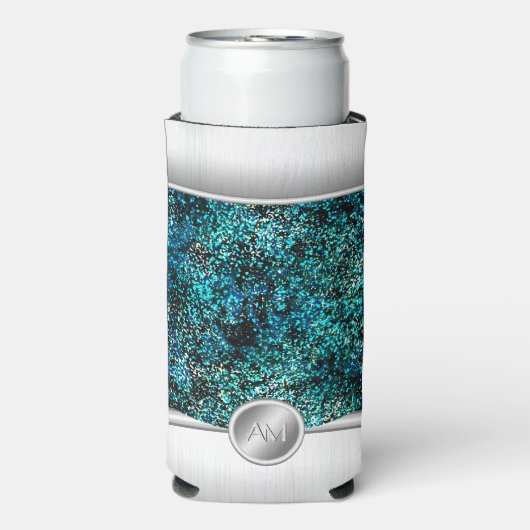 スチールとグリーングリッターモノグラムの電話ケース スリム缶クーラー (Seltzer正面)