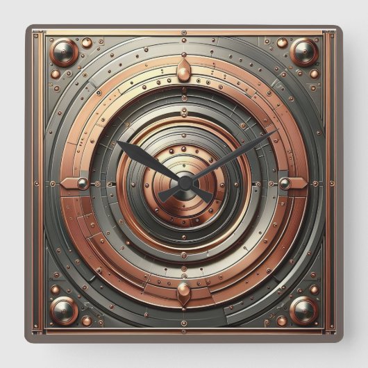 スチールと銅の金属オブジェクト スクエア壁時計 (正面)