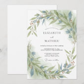 スチールオリーブの葉とユーカリの結婚式 招待状 (正面/裏面)