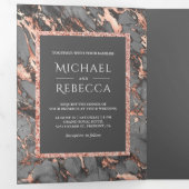 スチールグレーマーブルバラ金ゴールドグリッター結婚写真 三つ折り招待状 (内部最初)