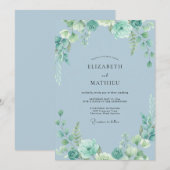 スチールパウダーブルーの葉っぱの結婚式 招待状 (正面/裏面)