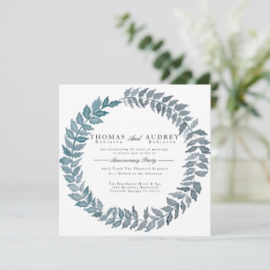 スチールブルーつる植物 |水彩の記念日パーティー 招待状 (スタンド正面)