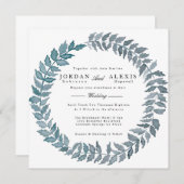 スチールブルーつる植物 |水彩リース結婚ズ 招待状 (正面/裏面)