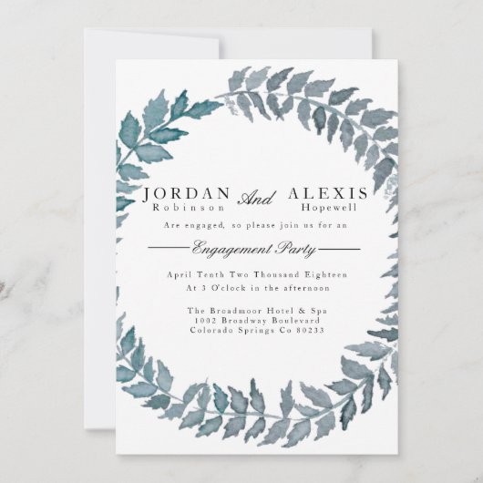 スチールブルーつる植物 |水彩婚約パーティ 招待状 (正面)