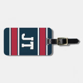 スチールブルーとレッドスポーツストライプズモノグラム ラゲッジタグ (正面横)