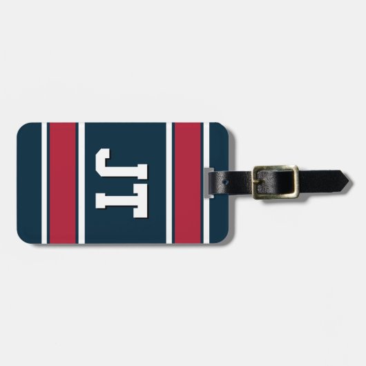 スチールブルーとレッドスポーツストライプズモノグラム ラゲッジタグ (正面横)