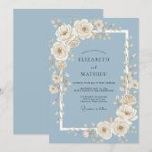 スチールブルーのアイボリーのバラの結婚式 招待状 (正面/裏面)
