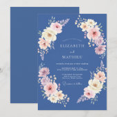 スチールブルーのパステルフラワーの結婚式 招待状 (正面/裏面)