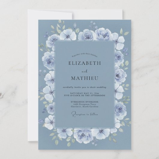 スチールブルーのボタン wedding 招待状 (正面)
