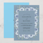 スチールブルーのボタン wedding 招待状 (正面/裏面)