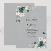 スチールブルーのボタン wedding 招待状 (正面/裏面)