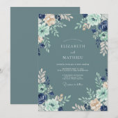 スチールブルーのミントの花の結婚式 招待状 (正面/裏面)