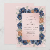 スチールブルーのモモの花びらの結婚式 招待状 (正面/裏面)