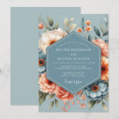 スチールブルーのモモ色ロマンティックな結婚式 招待状 (正面/裏面)