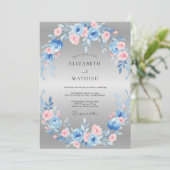 スチールブルーの青みがかったピンクの花輪の結婚式 招待状 (スタンド正面)