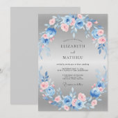 スチールブルーの青みがかったピンクの花輪の結婚式 招待状 (正面/裏面)