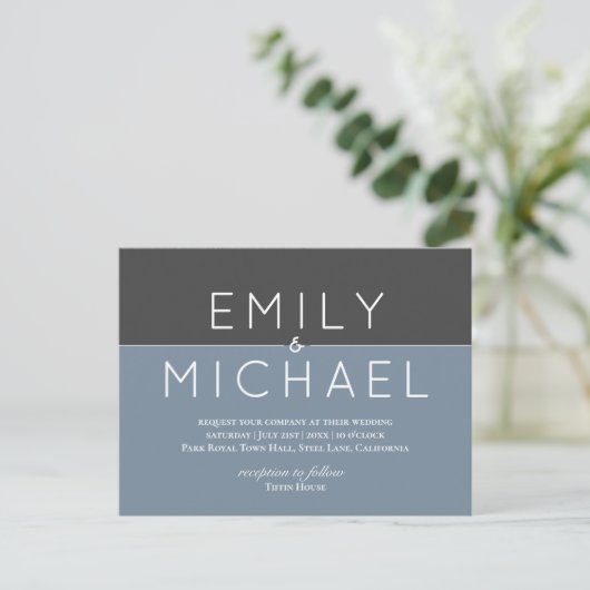 スチールブルーはっきりしたモダン結婚式招待状 ポストカード (スタンド正面)