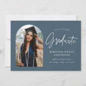 スチールブルーモダンアーチフォト卒業 案内状 (正面)