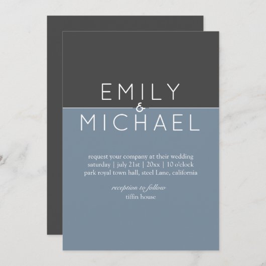 スチールブルーモダン結婚式招待状- はっきりした 招待状 (正面/裏面)