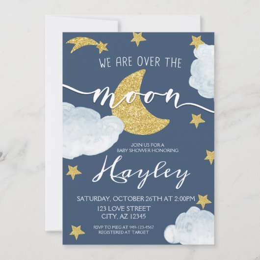 スチールブルー我々は月の赤ちゃんシャワー上にある 招待状 (正面)