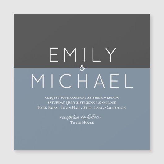 "スチールブルー磁気ウェディング日付保存招待状 (正面)