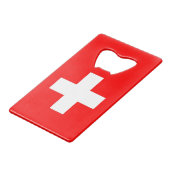 スチールボトルオープナーとスイス国旗 クレジットカード栓抜き (正面アングル)