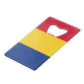 スチールボトルオープナーとルーマニア国旗 クレジットカード栓抜き (正面アングル)