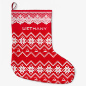 スチ赤と白カンジナビアの雪片とトナカイ ラージクリスマスストッキング (正面)