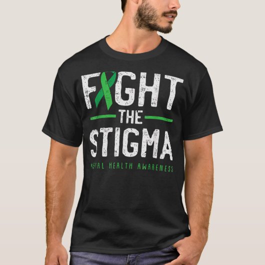 スティグマと戦うメンタルヘルス認識度グリーンリブ Tシャツ (正面)