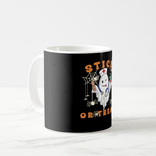 スティックまたはトリートナース不気味ナース衣装おもしろいハ コーヒーマグカップ (正面左)