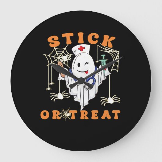 スティックまたはトリートナース不気味ナース衣装おもしろいハ ラージ壁時計 (正面)