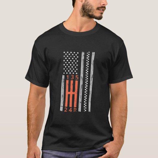 スティックシフトアメリカンフラグ手動変速機 Tシャツ (正面)