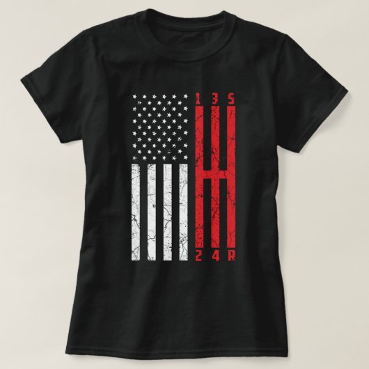 スティックシフトアメリカ国旗のマスタングCT 6ギアメカ Tシャツ (デザイン正面)