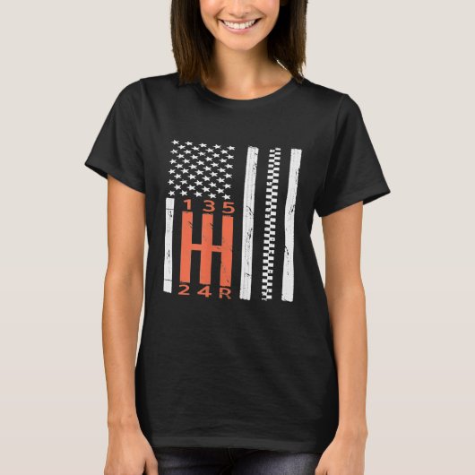 スティックシフトアメリカ国旗の手動送信ギア Tシャツ (正面)
