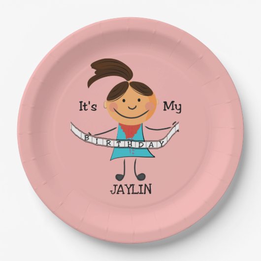 スティックスフィギュア女の子それが私の誕生日 ペーパープレート (正面)