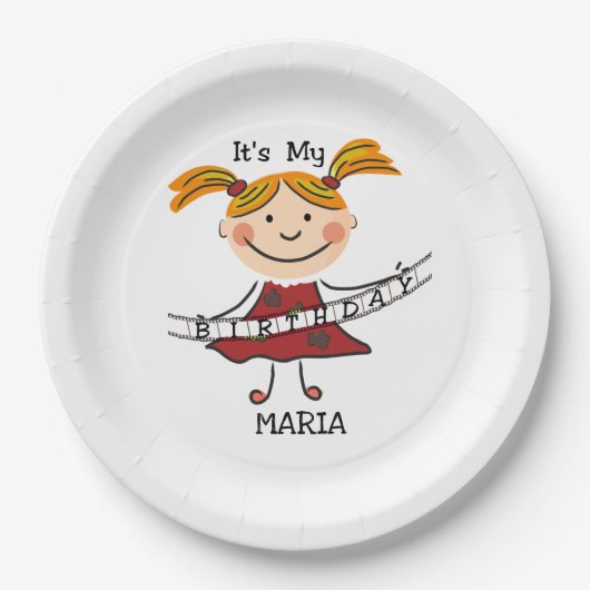 スティックスフィギュア女の子それが私の誕生日 ペーパープレート (正面)