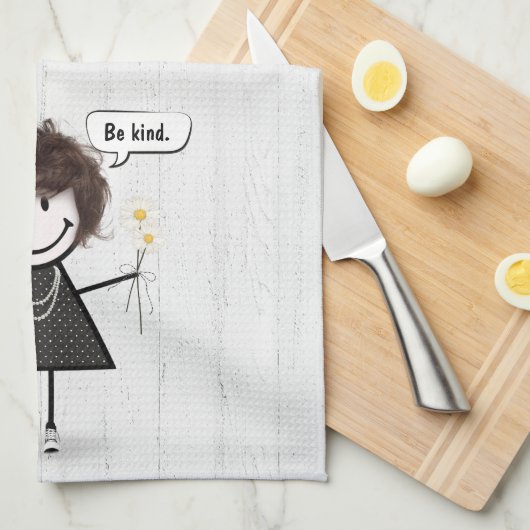 スティックスフィギュア女の子とデイジーと引用文 キッチンタオル (四つ折り)