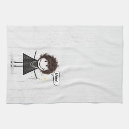 スティックスフィギュア女の子とデイジーと引用文 キッチンタオル