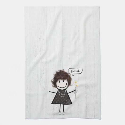 スティックスフィギュア女の子とデイジーと引用文 キッチンタオル (縦)
