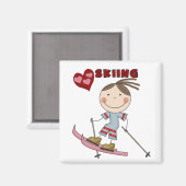 スティックスフィギュア女子スキーヤーTシャツとギフト マグネット (正面/裏面)