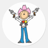 スティックスフィギュア女性のカーボーイシェリフTシャツ ラウンドシール (正面)