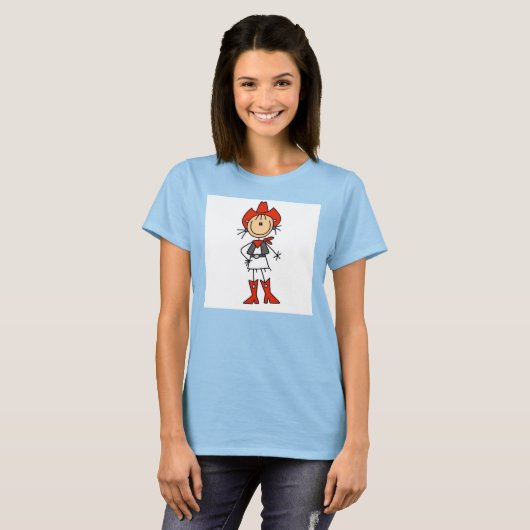 スティックスフィギュア女性のカーボーイレッドハットとブーツTシャツ Tシャツ (正面フル)