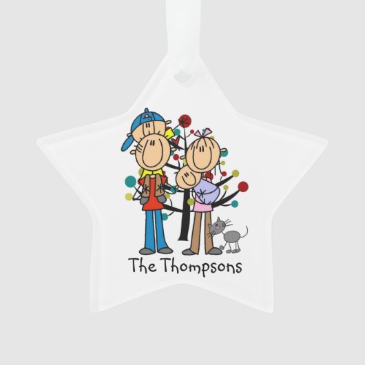 スティックスフィギュア親，男の子，ベビー，猫オーナメント オーナメント (正面)