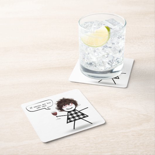 スティックパーティーガールとワイン引用文 スクエアペーパーコースター (インサイチュ)
