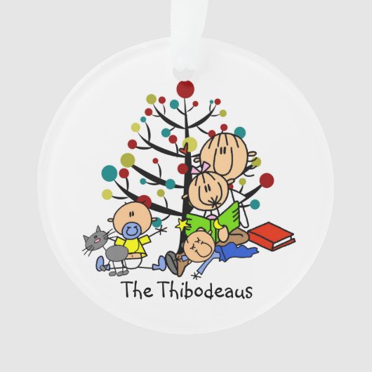 スティックフィギュアお母さん、お子様、猫アクリルオーナメント オーナメント (正面)