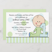 スティックフィギュアの男の子の1歳の誕生日招待状 招待状 (正面/裏面)