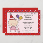 スティックフィギュアベビーガール1日誕生日招待状 招待状 (正面/裏面)