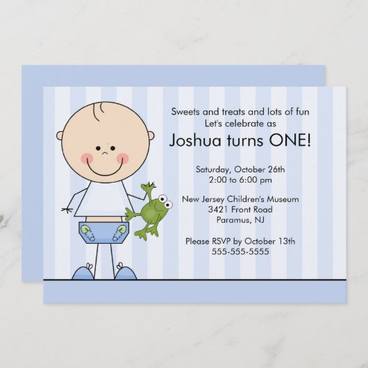 スティックフィギュアボーイ第1誕生日招待状 招待状 (正面/裏面)